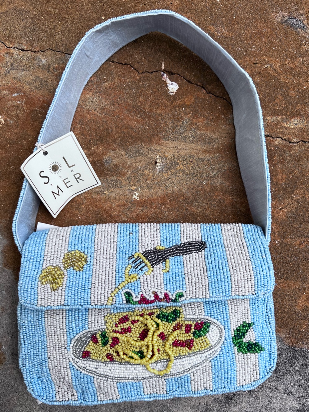 🍝NWT Beaded Bowl of Spaghetti with Blue & White Stripes Shoulder Bag